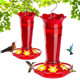 Gbekery red 2-pack hummingbird feeders ready for outdoor use with preview of nectar chambers