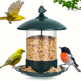 Gbekery metal bird feeder outdoors with durable lid and tray for seed holding