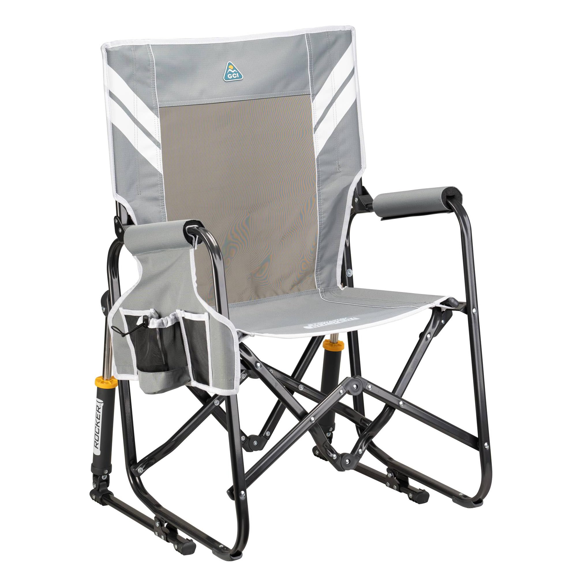 GCI Outdoor Stowaway Rocker front view in varsity gray, portable comfort for outdoor seating.