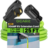 GEARit 30A RV extension cord TT-30P to L5-30R with molded connectors for reliable power.