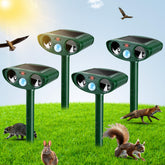 Gebatule four-pack ultrasonic repellers positioned around yard to deter wildlife without traps