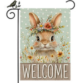 GEEORY Easter Bunny Welcome flag with brown bunny and floral crown for outdoor spring charm.