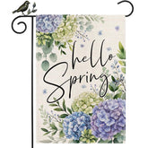 GEEORY Hello Spring flag front view with vibrant hydrangea and eucalyptus for curb appeal.