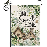 GEEORY Home Sweet Home flag on burlap background adds cozy farmhouse curb appeal.