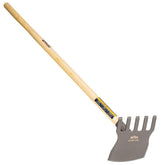 Gempler's steel rake hoe with wood handle close-up for durable garden prep.