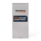 Generac 200A transfer switch, open transition, enables seamless outage readiness.
