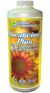 General Hydroponics Floralicious Plus bottle pour supports robust vegetative growth and flowering readiness.