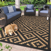 GENIMO outdoor rug on a patio showing reversible pattern for versatile decor
