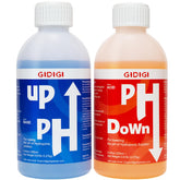 GIDIGI pH Up and Down bottles shown for precise pH control in hydroponics.