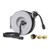 Giraffe Tools 65ft hose reel mounted for easy reach during cleanup