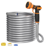 Giraffe Tools garden hose 100ft with stainless steel surface for rugged outdoor watering.