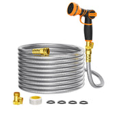Giraffe Tools garden hose with stainless steel construction for durable outdoor watering.