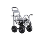 Giraffe Tools garden hose reel cart front view with neat hose winding guidance.