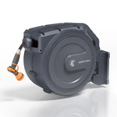 Giraffe Tools retractable hose reel with wall mount and 180-degree bracket for easy garden access