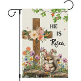Girlly He Is Risen Easter flag front view shows vibrant double-sided print for welcoming guests.