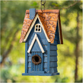 Glitzhome bird house front view in blue showing durable outdoor-ready design.