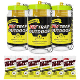 Glovv reusable fly trap bottle hanging outdoors attracts flies.