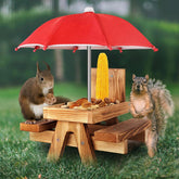 Gnodry Squirrel Feeder with Umbrella showcases a bright red canopy protecting snacks.