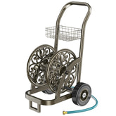 GOFORWILD garden hose reel cart side view showcases sturdy steel frame for outdoor use.