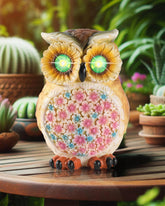 GoGnome owl figurine hand-painted with vibrant colors enhances outdoor spaces with whimsical charm.