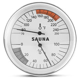 Golden Wave sauna thermometer-hygrometer dial for clear Fahrenheit and humidity readings.