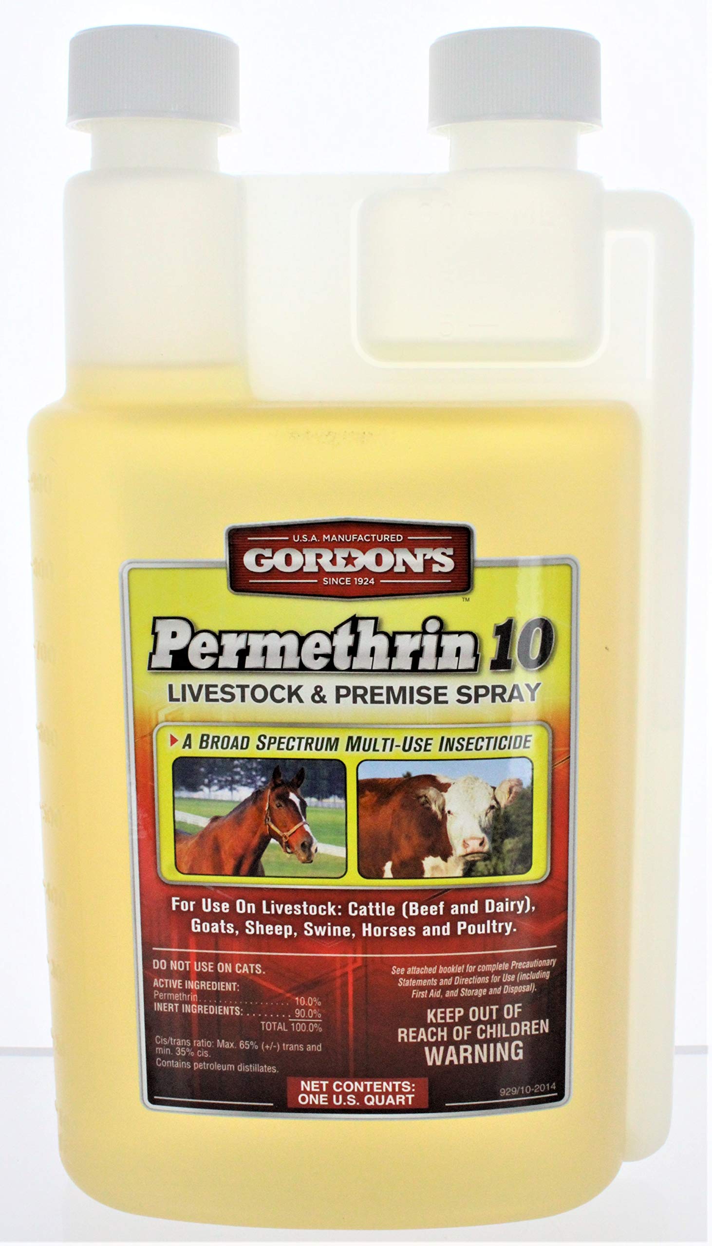 GORDON'S Permethrin 10 spray bottle pour for rapid livestock pest control.