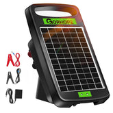 Gorhope 20mi solar fence charger side view, portable energizer for quick fence setup.