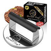 Gourmet Easy 2lb Smash Burger Press on stainless steel surface for restaurant-like patties