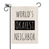 GPGHE World's Okayest Neighbor flag front rainbow view, enhancing curb appeal.