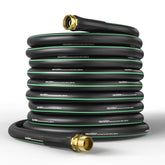 GreatBuddy 100 ft hybrid hose coiled on lawn for easy watering and reach.