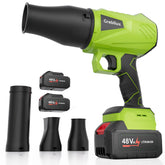 Grebilux cordless leaf blower with 48V battery for quick yard cleanup.
