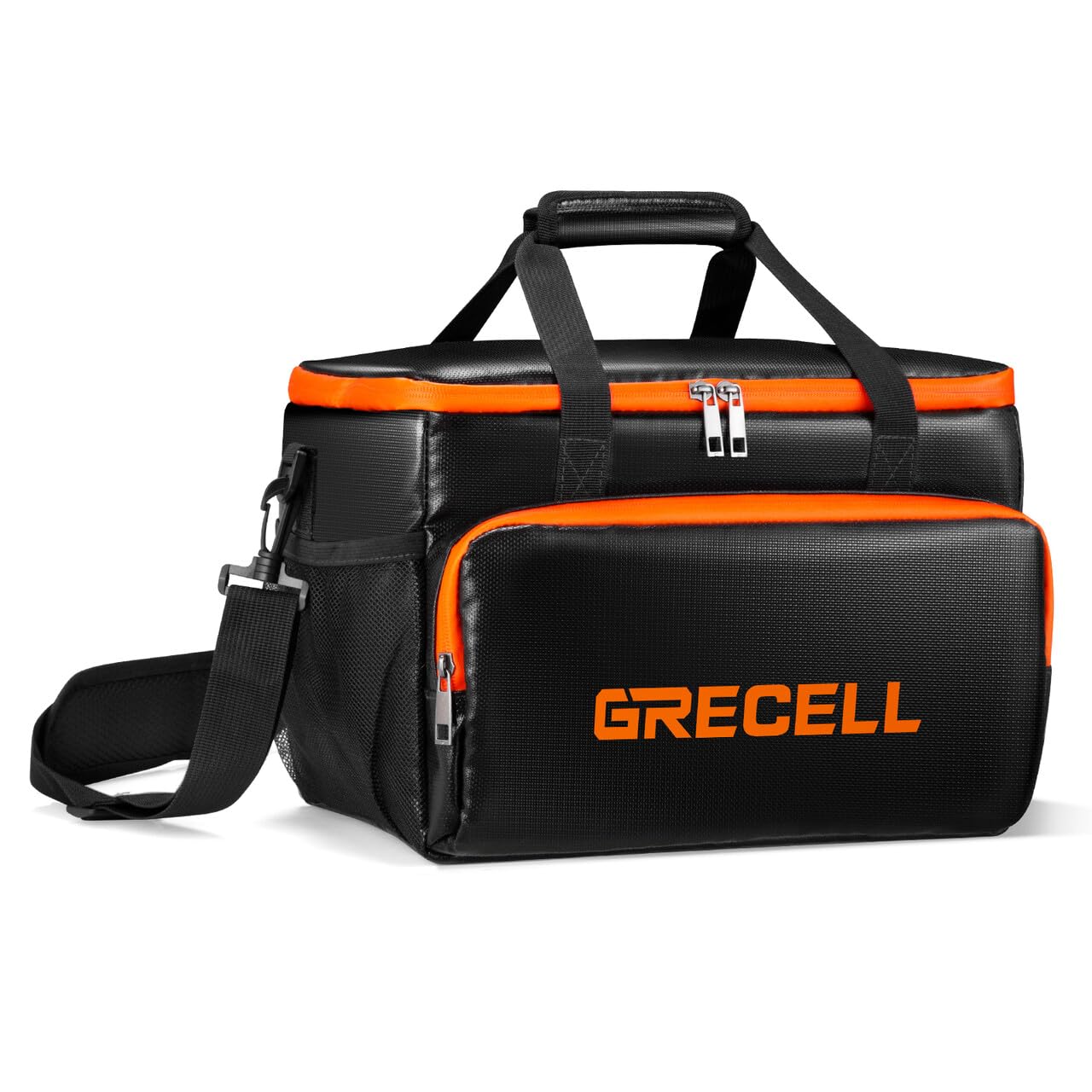 GRECELL fireproof carrying case cross-section shows layered protection for power stations.