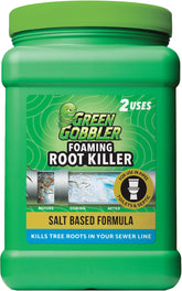 Green Gobbler foaming root killer poured into a toilet to dissolve roots.
