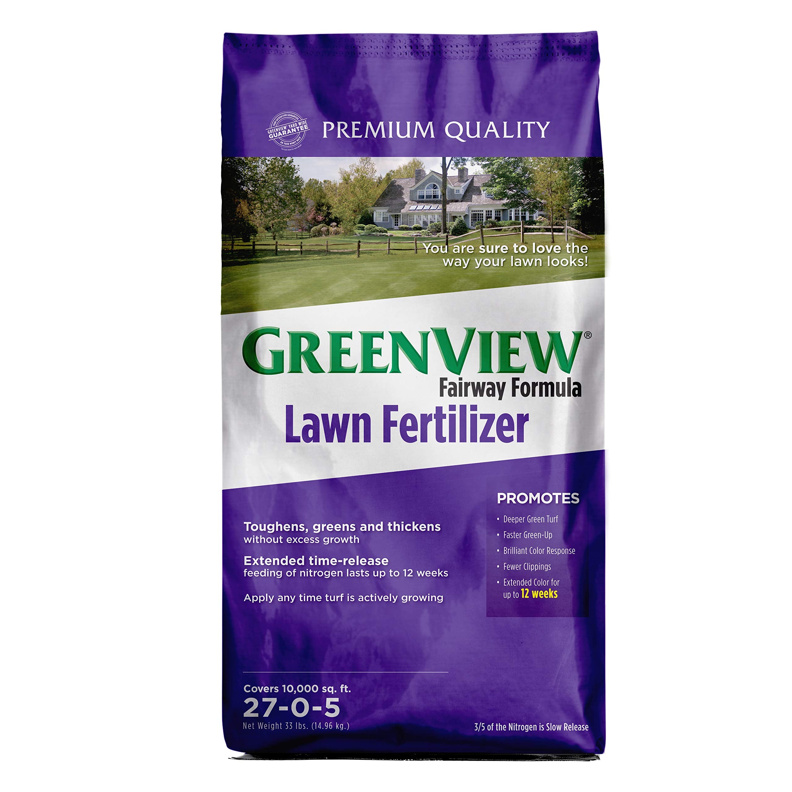 GreenView Fairway Formula lawn fertilizer bag front view for large lawns, steady greening.