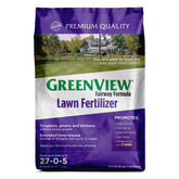 GreenView Fairway Formula lawn fertilizer bag front view boosts even greening.