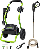 Greenworks 2000 PSI electric pressure washer with wheels for easy transport.