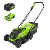 Greenworks 24V mower with battery charger enables quick setup and recharge.