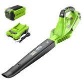 Greenworks 40V blower with battery provides cordless yard cleanup.