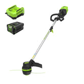 Greenworks 80V trimmer with 16-inch cutting path for broad, clean edges.