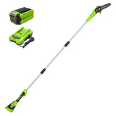 Greenworks PS40B210 polesaw with 8-inch bar and chain for precise trimming.