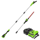 Greenworks polesaw trims branches with a 10-inch bar for precise pruning.