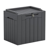 Greesum 31-gallon deck box with lid for weatherproof outdoor storage.