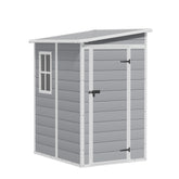 Greesum 5x4ft shed front view showing external design and footprint for garden storage.