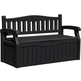 Greesum 80 gallon outdoor storage bench with lid open for easy access.