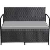 Greesum patio loveseat front view with black PE rattan and built-in storage.