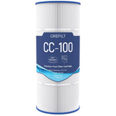 Grefilt CC100 pool filter cartridge side view highlights durable 5 oz fabric