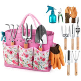 Grenebo garden tools set with tote keeps tools organized for easy gardening.