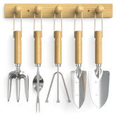 Grenebo wood wall hooks organizer with five hooks for tidy garden tool storage.