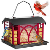 Grete Gotye berry red bird feeder outdoors hanging shows durable metal construction for weather resilience.