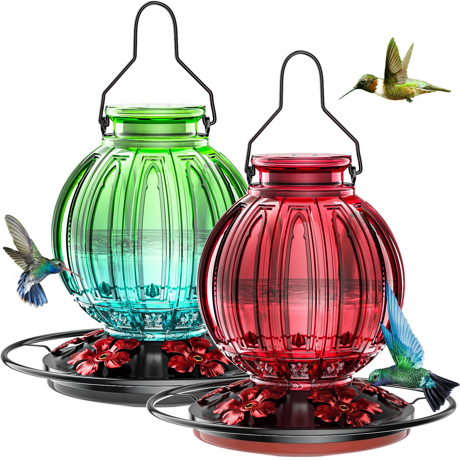 Grete Gotye glass hummingbird feeder in outdoor color scheme for year-round use